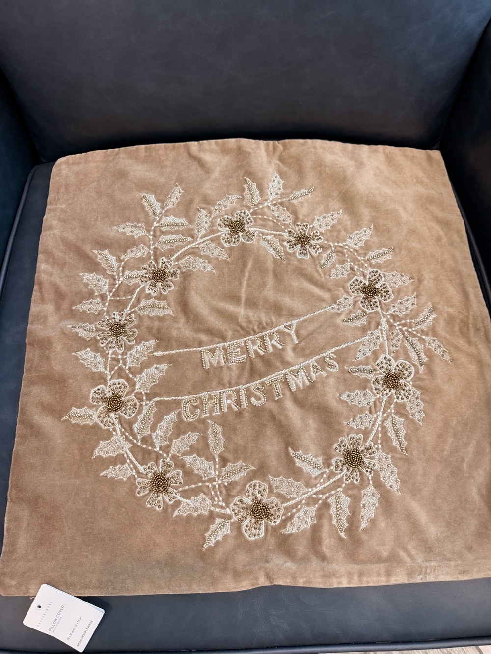 NWT Pottery Barn Beige Embroidered Holiday Throw Pillow Cover
